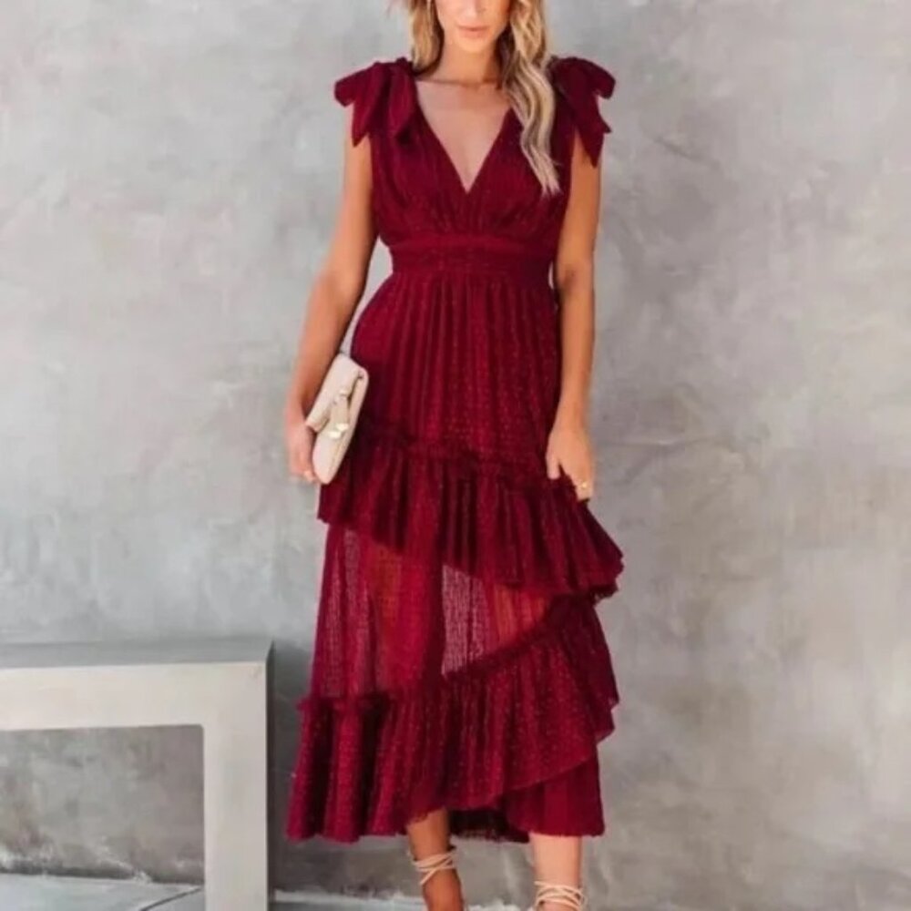 Carrie In Paris Tiered Tulle Midi Dress – Wine – Large (VICI)